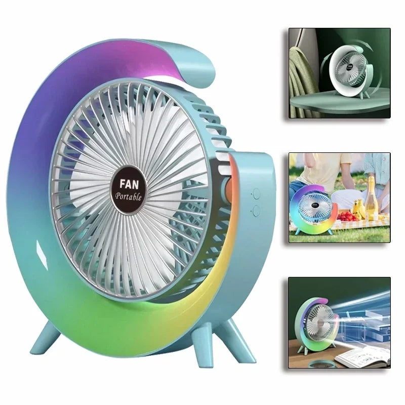 Portable Fan USB Rechargeable LED 7 Colors 180°Adjustable E-Mart